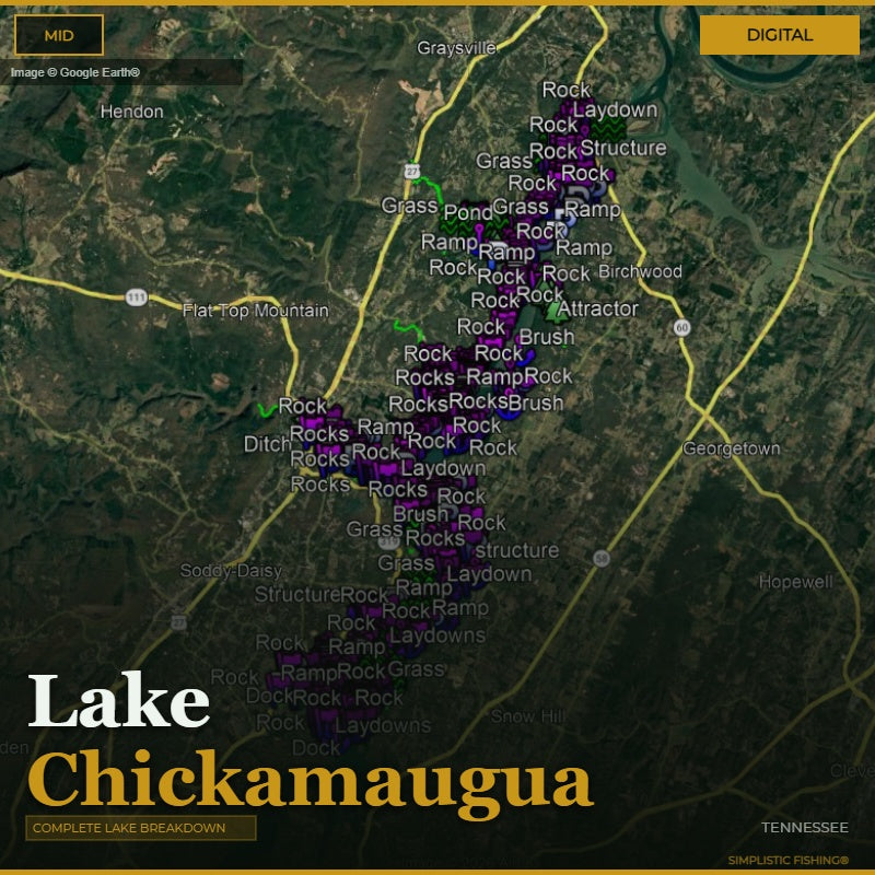 Map of Lake Chickamauga with various features labeled