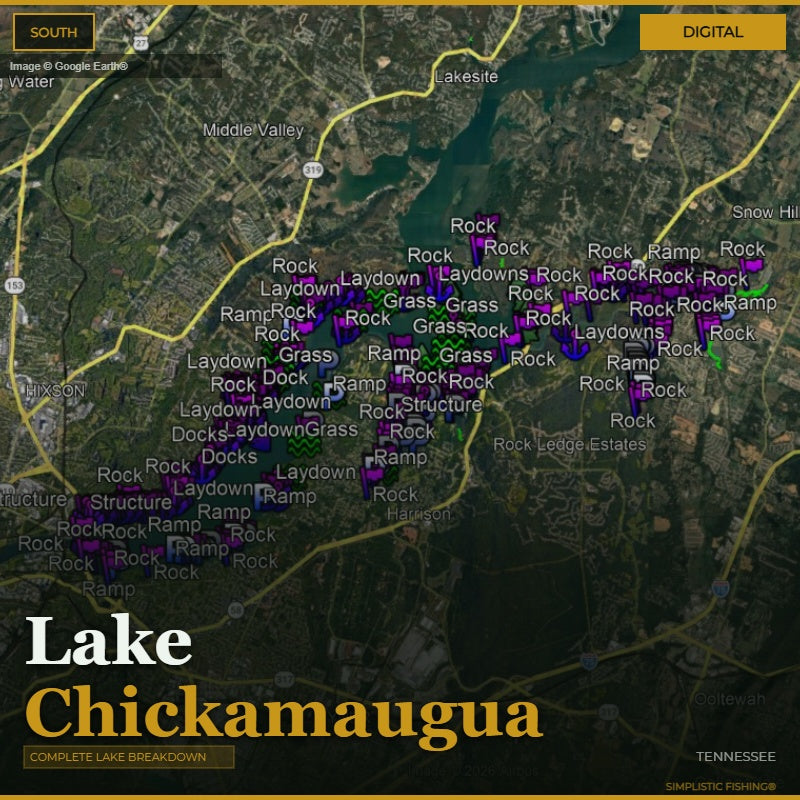 Map of Lake Chickamauga with various markers indicating different types of fishing spots.