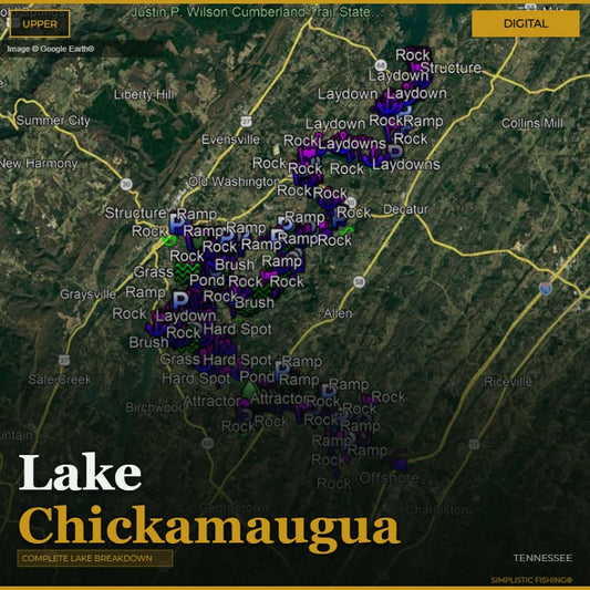 Map of Lake Chickamauga with various fishing spots marked on a digital display.