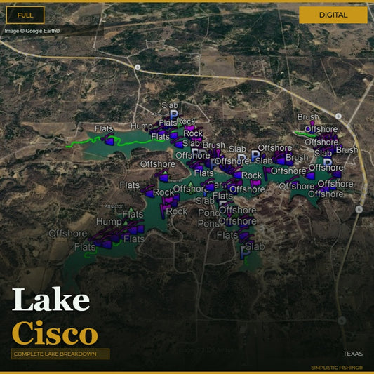 Map of Lake Cisco with fishing spots marked on a digital display.