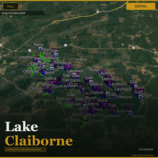 Map of Lake Claiborne with fishing spots marked on a digital display.