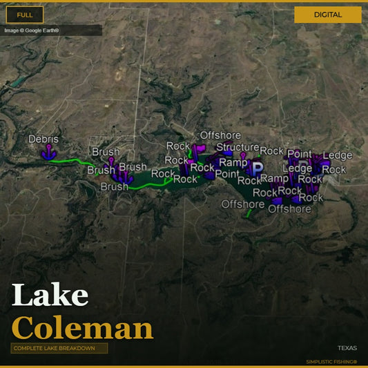 Map of Lake Coleman with various markers indicating hazards and points of interest.