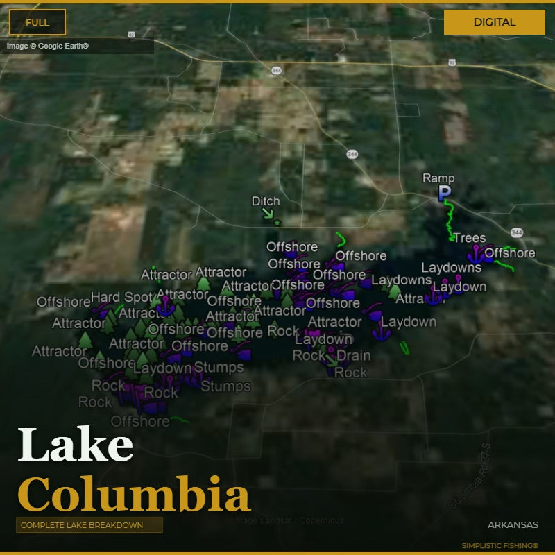 Map of Lake Columbia with fishing spots labeled on a digital display.
