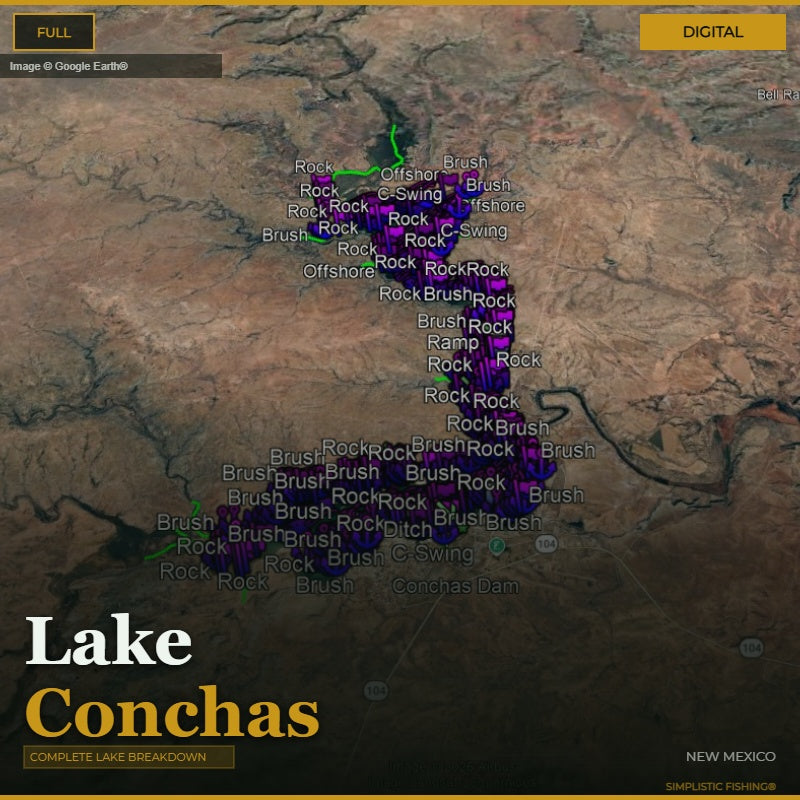 Map of Lake Conchas with fishing spots labeled on a digital interface.