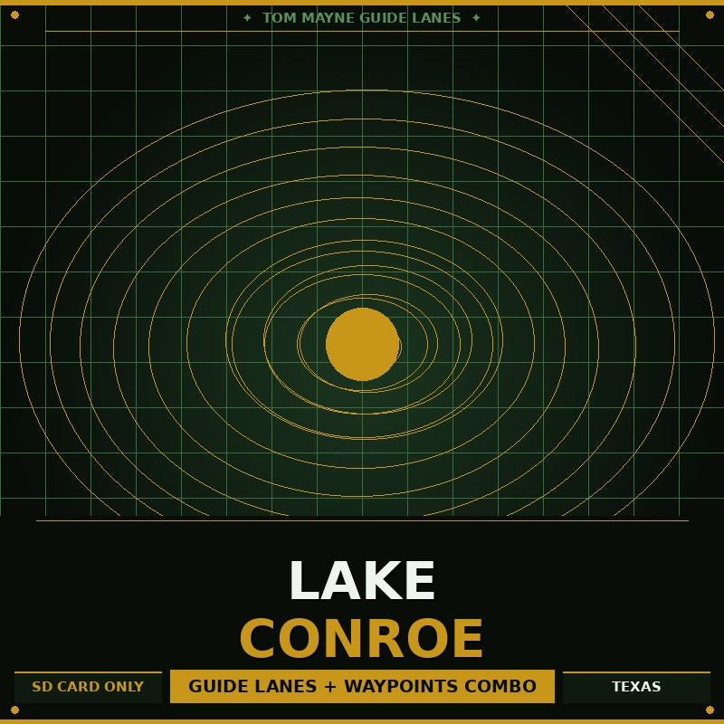 Lake Conroe guide lanes and waypoints combo with concentric circle design on a dark background