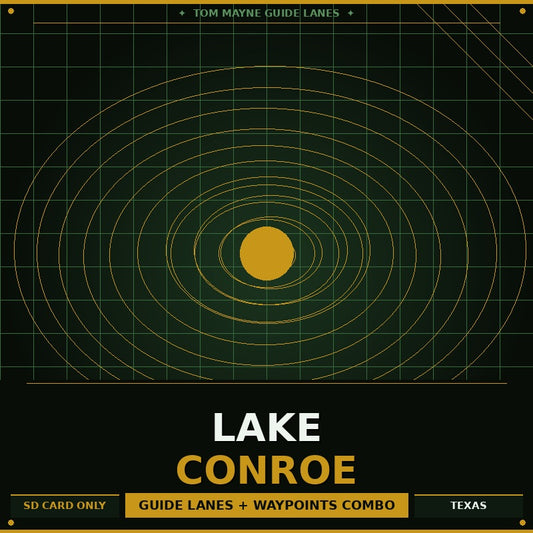 Lake Conroe guide lanes and waypoints combo with concentric circle design on a dark background