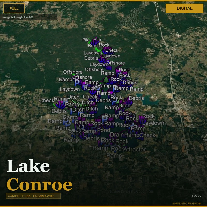 Map of Lake Conroe with various fishing spots labeled on a digital interface.