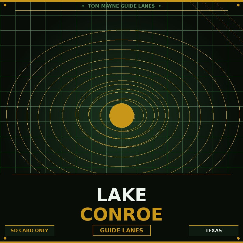 Lake Conroe guide lanes map with concentric circles and text on a dark background