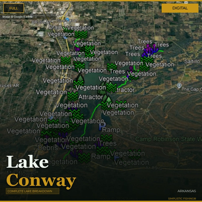 Map of Lake Conway with labels for vegetation, trees, and other features on a digital display.