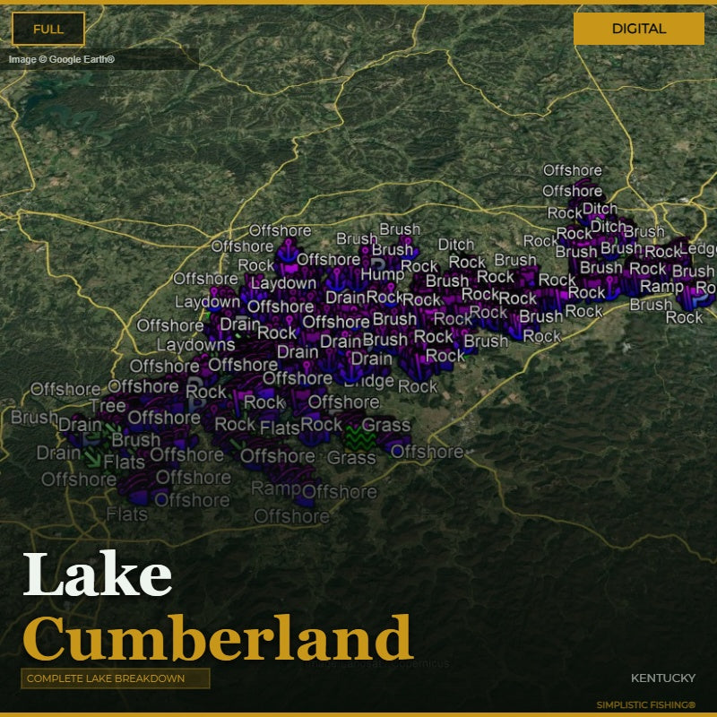Map of Lake Cumberland with various fishing spots marked on a digital display.
