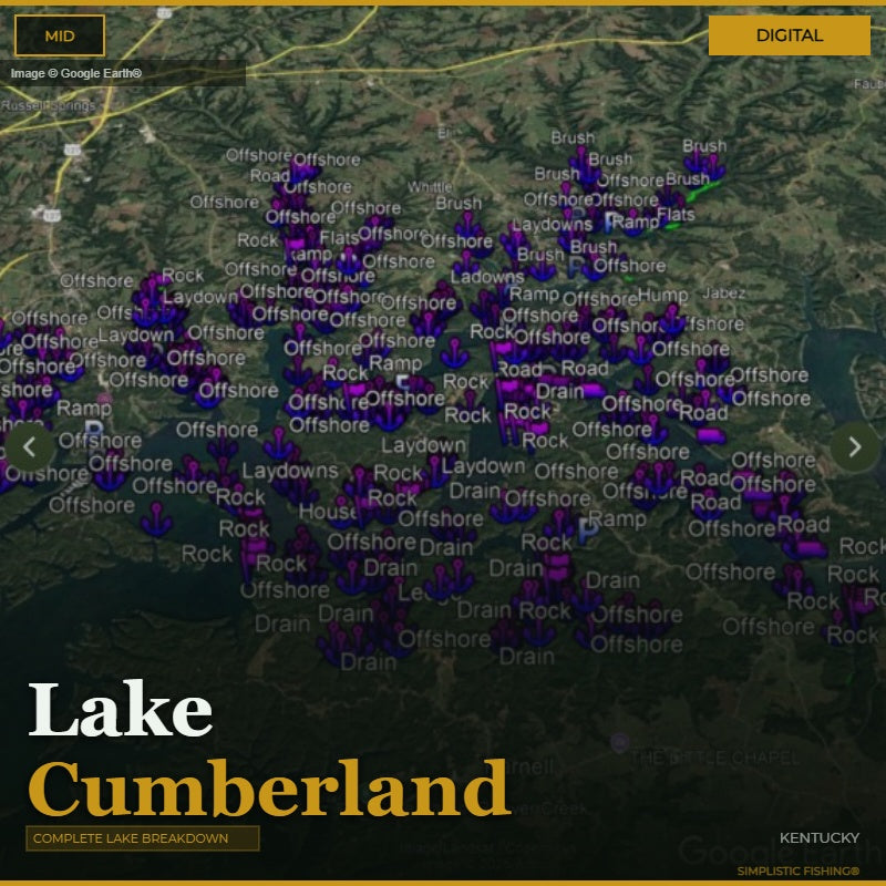 Map of Lake Cumberland with various markers indicating different fishing spots.