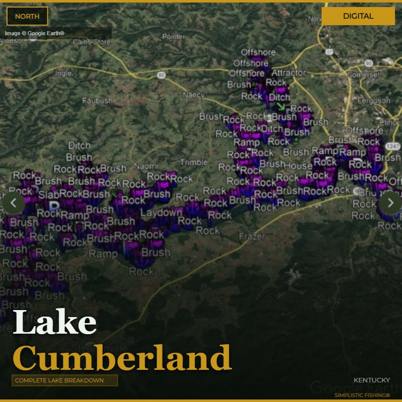 Map of Lake Cumberland with various fishing spots marked on a digital interface.