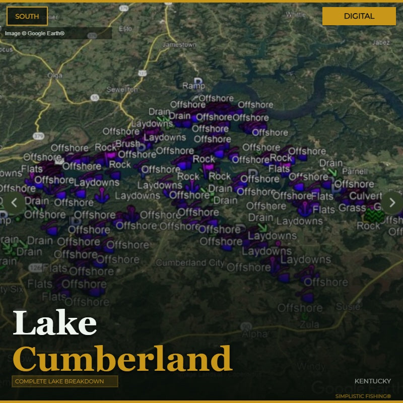Map of Lake Cumberland with fishing spots marked on a digital display.