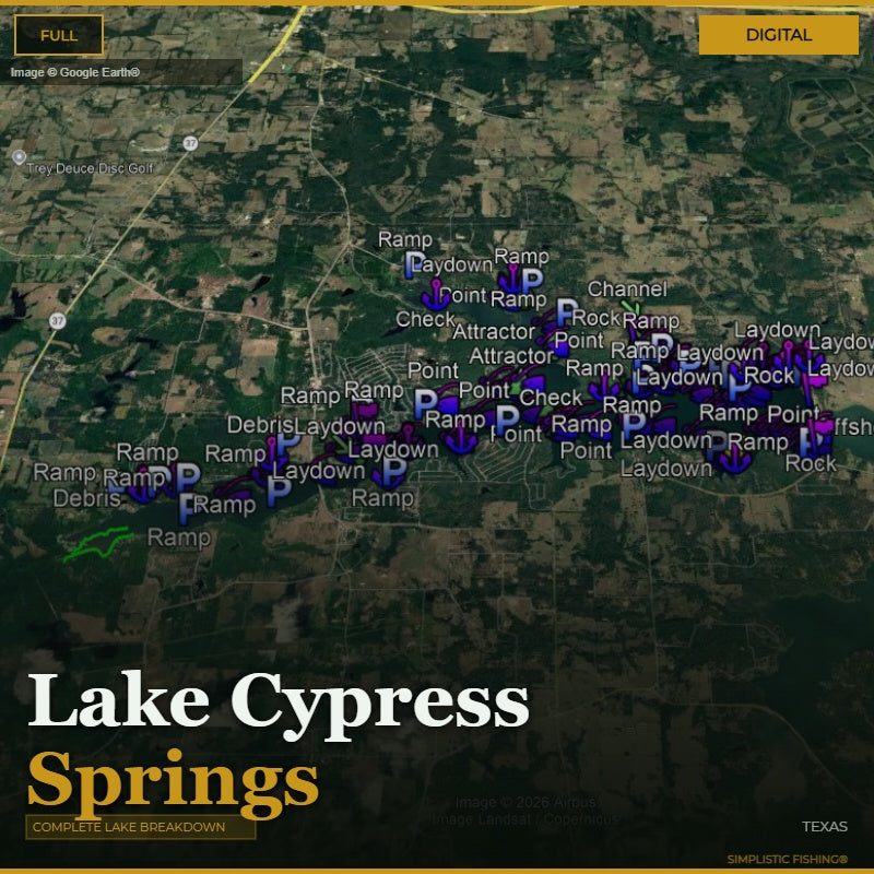 Map of Lake Cypress Springs with various points labeled on a digital interface