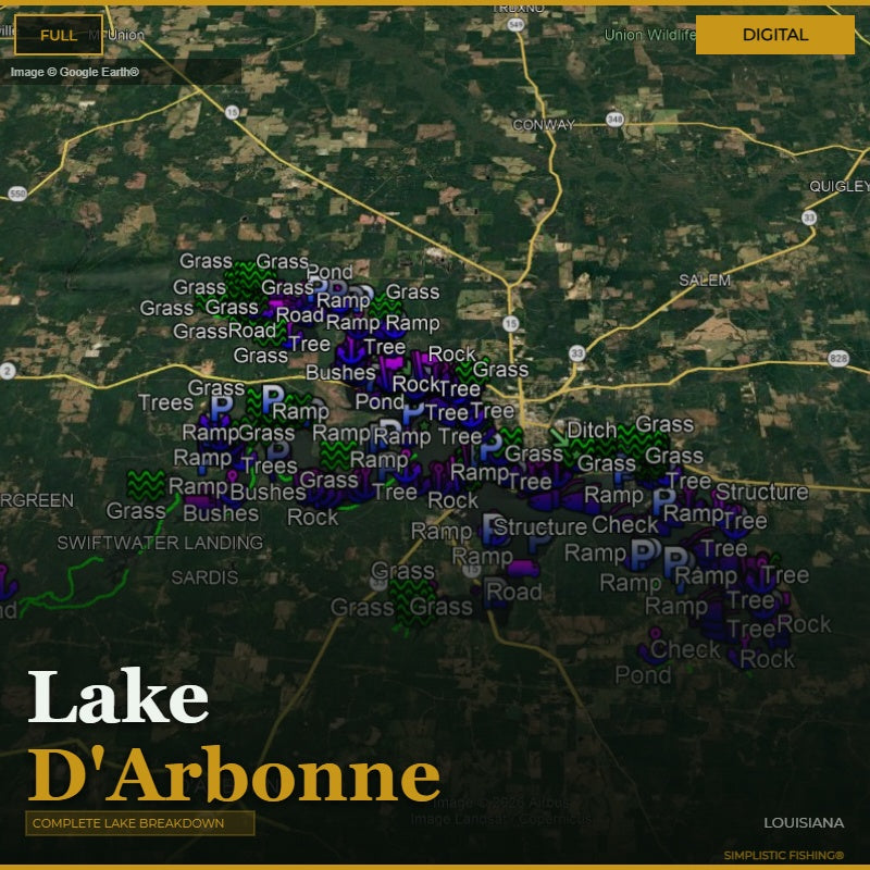 Map of Lake D'Arbonne with various markers indicating features like grass, trees, and ramps.
