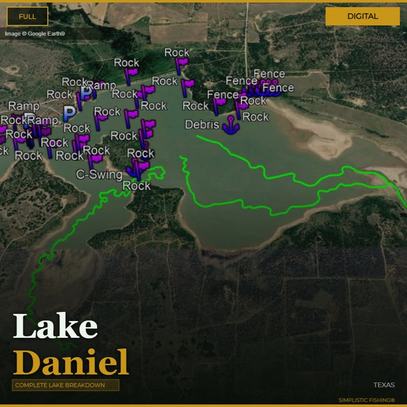 Map of Lake Daniel with various markers and labels on a digital interface.