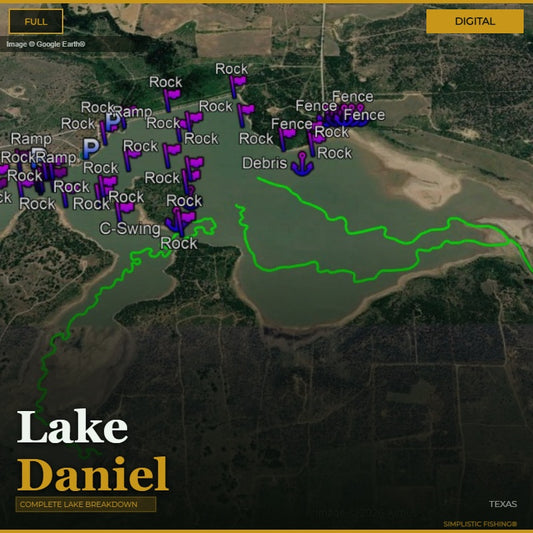 Map of Lake Daniel with various markers and labels on a digital interface.
