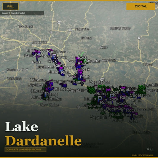 Map of Lake Dardanelle with various fishing spots marked on a digital display.