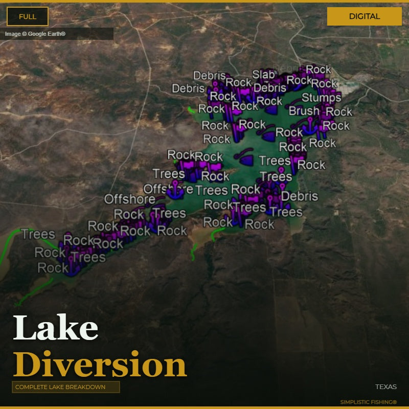 Map with labeled features over a landscape, titled 'Lake Diversion'.