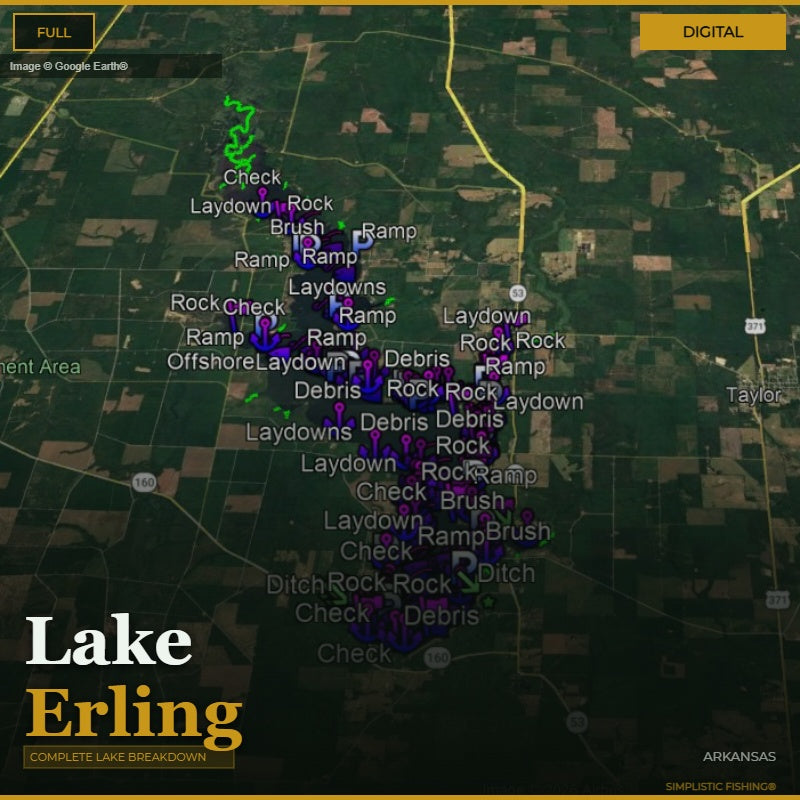 Map of Lake Erling with various markers and labels on a digital display.