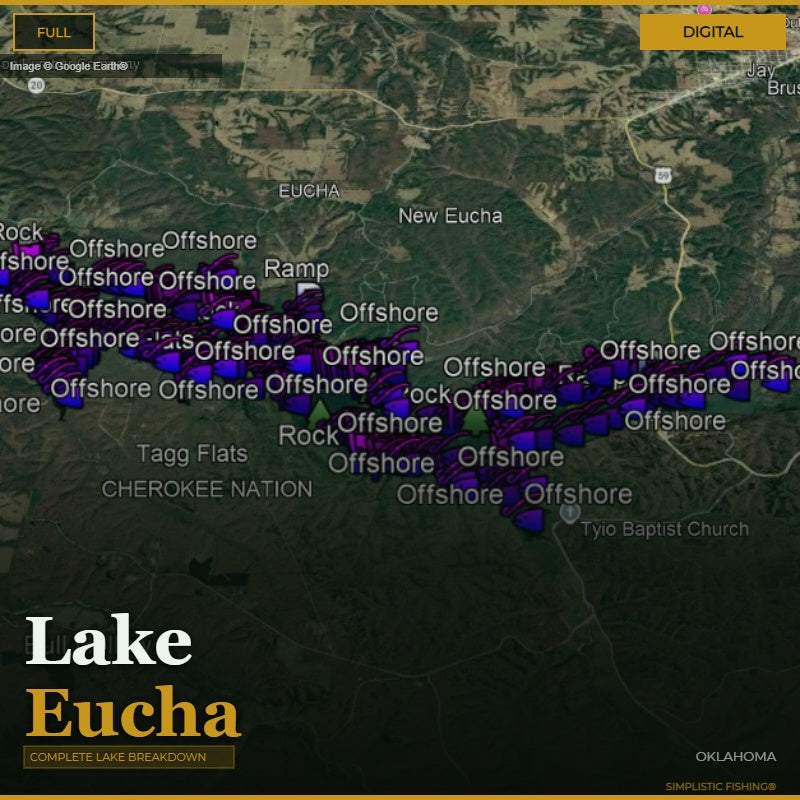 Map of Lake Eucha with various fishing spots marked on a digital display.