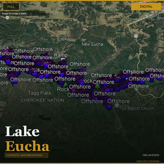Map of Lake Eucha with various fishing spots marked on a digital display.