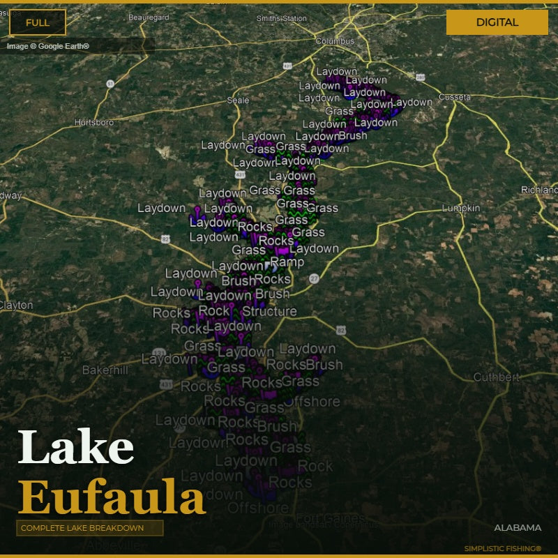 Map of Lake Eufaula with various terrains labeled on a digital interface.