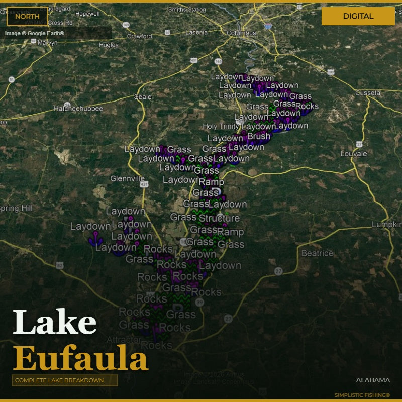 Map of Lake Eufaula with various fishing spots labeled on a digital interface.