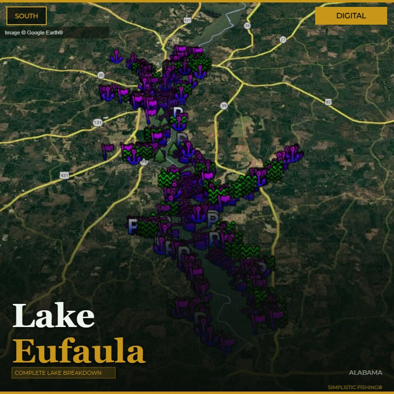 Map of Lake Eufaula with fishing spots marked in purple and green on a digital interface.