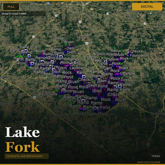Map of Lake Fork with various markers and labels on a digital display.