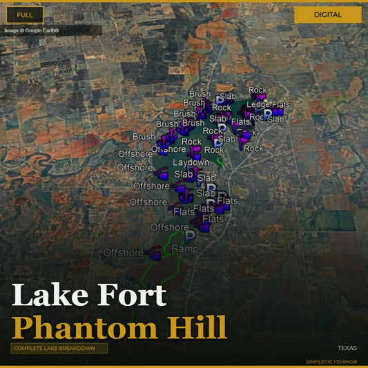 Map of Lake Fort Phantom Hill with fishing spots labeled on a digital display.