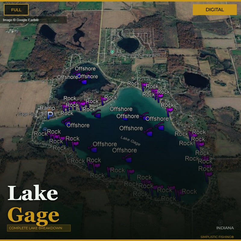Map of Lake Gage with fishing hazards marked on a digital interface