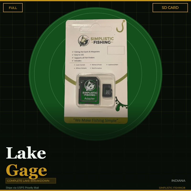 Packaging of Simplistic Fishing SD card and adapter on a green background with 'Lake Gage' branding.