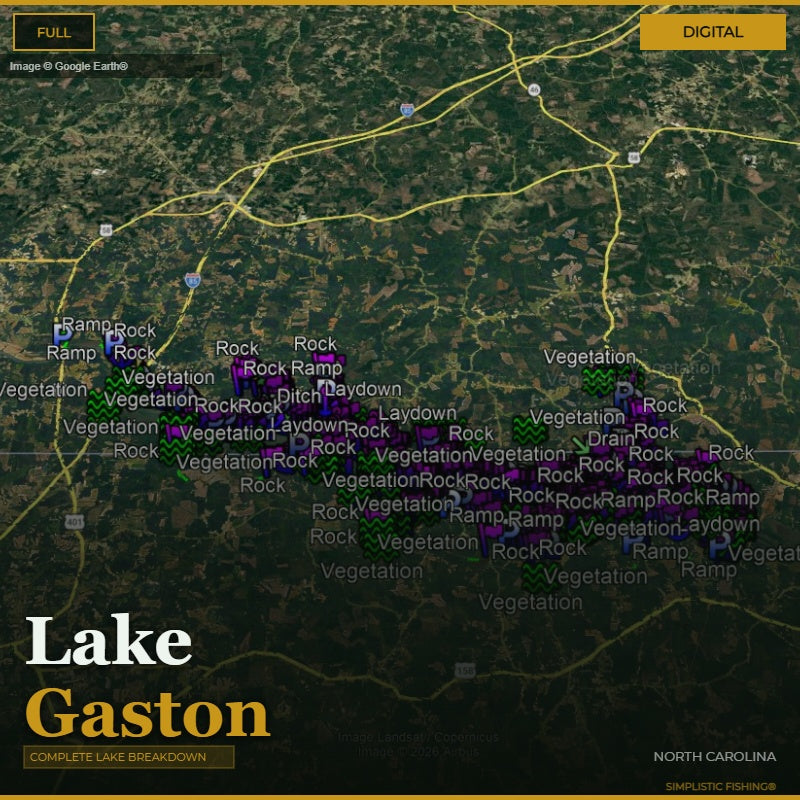 Map of Lake Gaston with various markers indicating terrain and features.