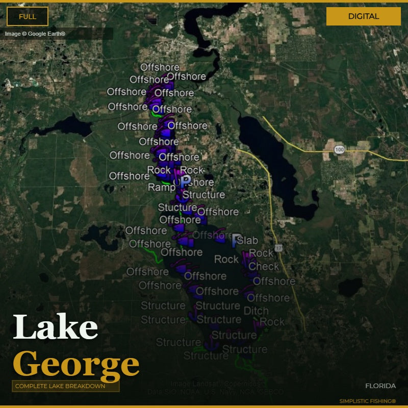 Map of Lake George with various fishing locations marked on a digital display.