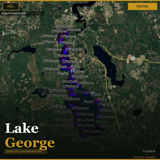 Map of Lake George with various fishing locations marked on a digital display.