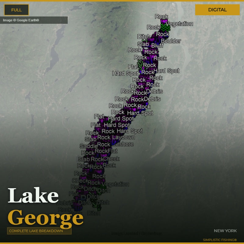 Map of Lake George, New York with bass fishing waypoints and structure labeled on a digital display.