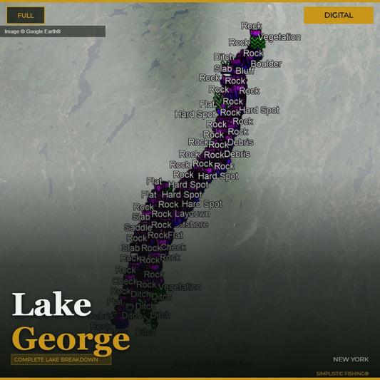 Map of Lake George, New York with bass fishing waypoints and structure labeled on a digital display.