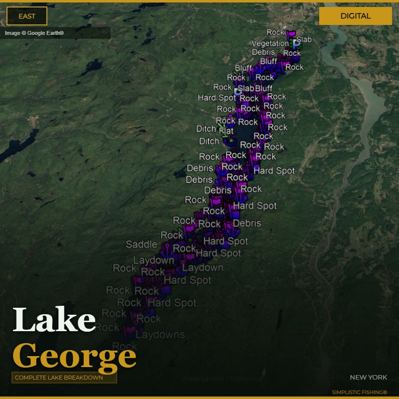 Map of the East section of Lake George, New York with bass fishing waypoints labeled on a digital display.