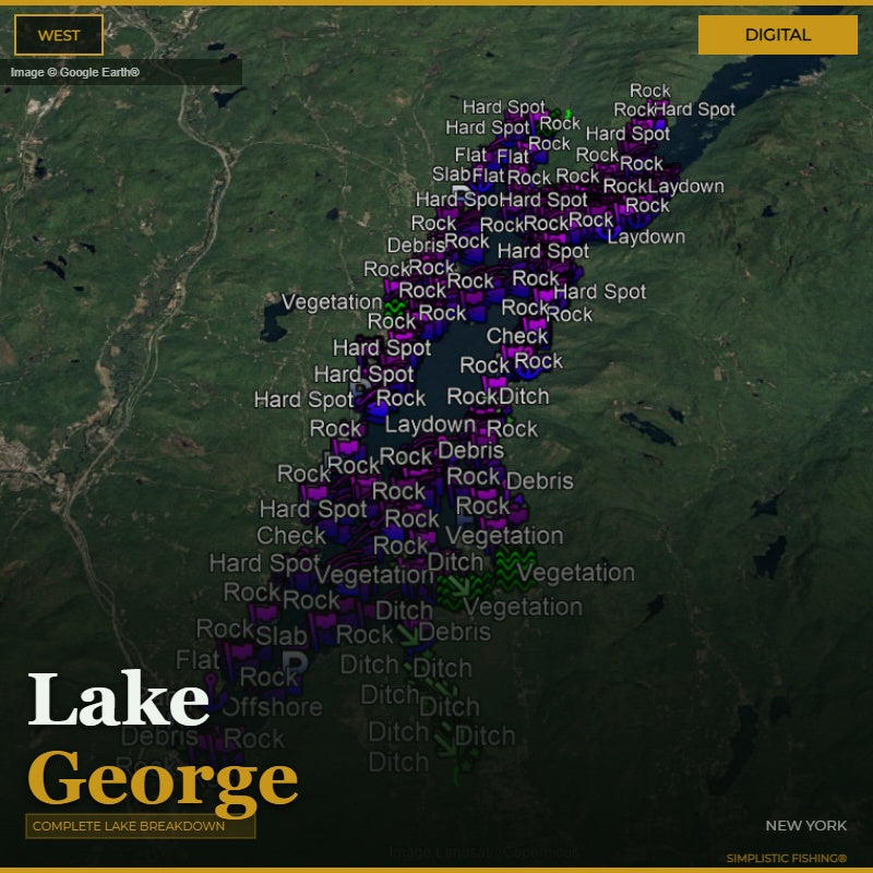 Map of the West section of Lake George, New York with bass fishing waypoints labeled on a digital display.