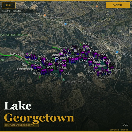 Map of Lake Georgetown with fishing spots marked, featuring a digital overlay.