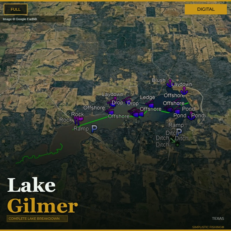 Map of Lake Gilmer with fishing spots marked on a digital display