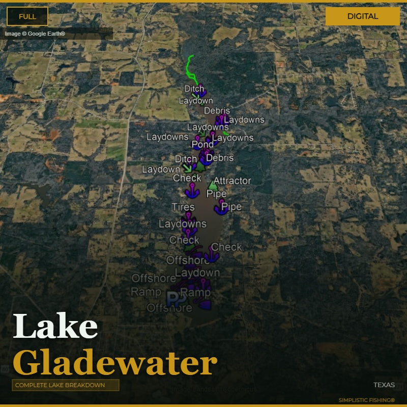 Map of Lake Gladewater with various labels and markers on a digital background