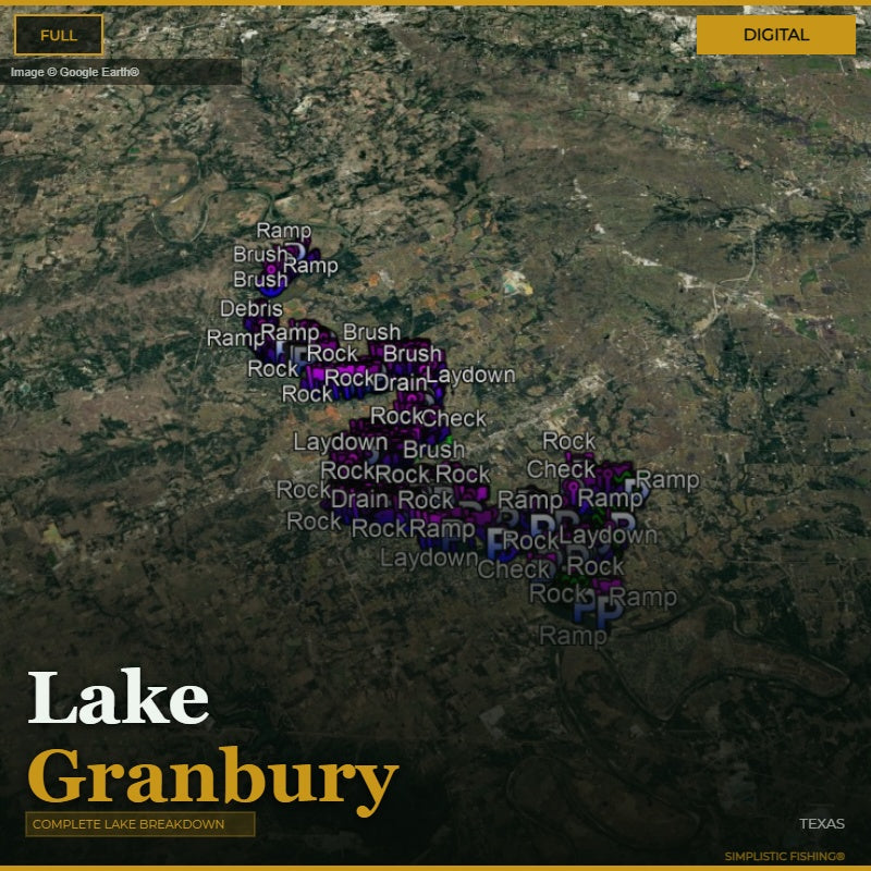Map of Lake Granbury with various fishing spots labeled on a digital display.