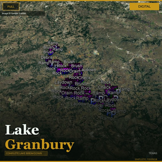 Map of Lake Granbury with various fishing spots labeled on a digital display.