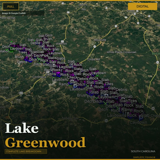 Map of Lake Greenwood with various locations marked on a digital display.