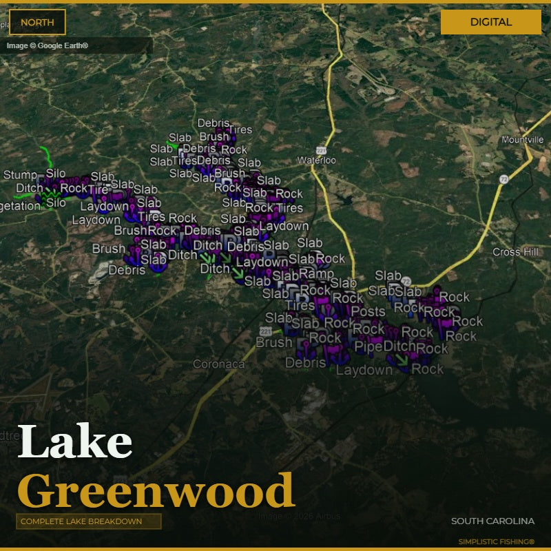 Map of Lake Greenwood with various markers and labels on a digital display.
