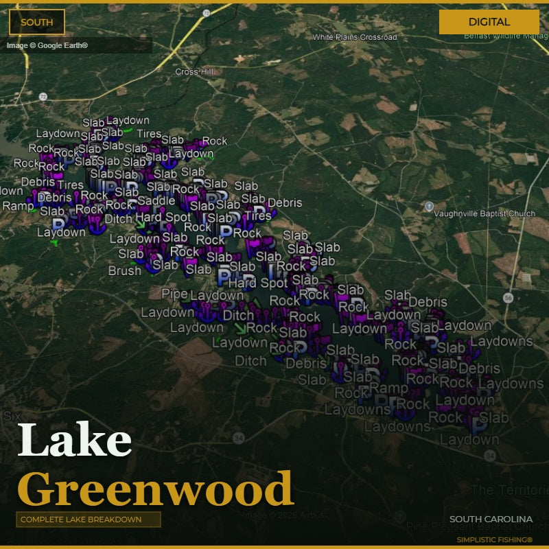 Map of Lake Greenwood with fishing spots marked on a digital display.