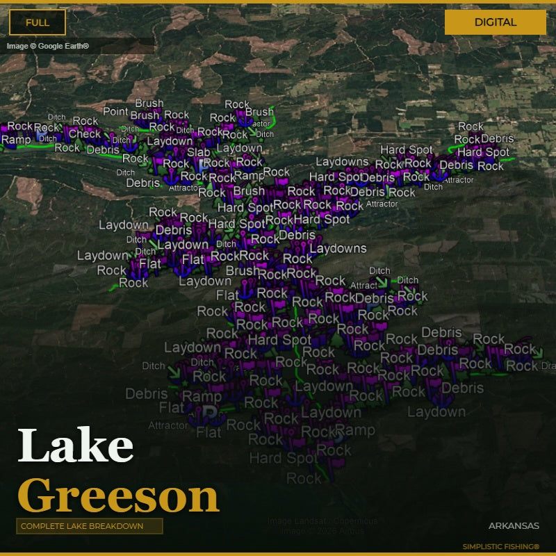 A digital map-style graphic labeled 'Lake Greeson' with many small white and purple rock/location markers spread across the lake area. The image includes a dark aerial map background, a 'FULL' and 'DIGITAL' tab at the top, and 'Lake Greeson' in large text at the bottom left.