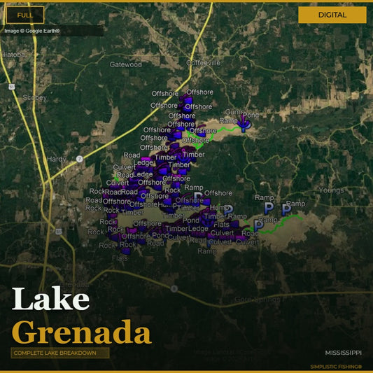 Map of Lake Grenada with various markers and labels on a digital display.